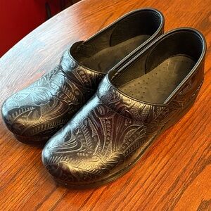 Dansko Black Paisley Print Embossed Clogs